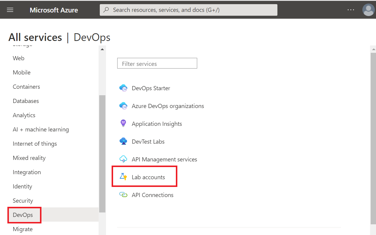 Azure 入口網站中 [所有服務] 頁面的螢幕擷取畫面。醒目提示 Dev Ops 類別和 DevTest Labs 項目。