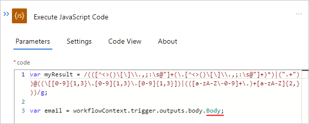 螢幕擷取畫面，其中顯示標準邏輯應用程式工作流程、[執行 JavaScript 程式碼] 動作，以及具有結尾分號的已重新命名 [內文] 屬性。