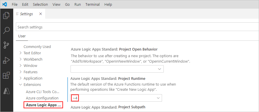 顯示 [Azure Logic Apps (標準)] 延伸模組之 Visual Studio Code 設定的螢幕擷取畫面。