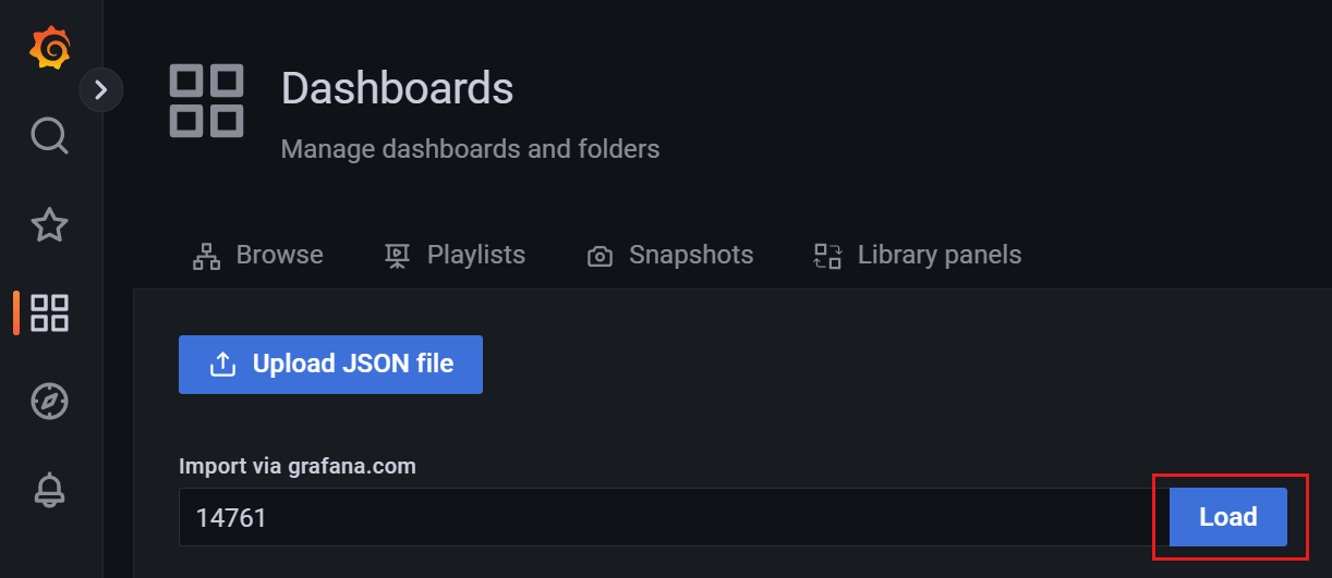 Grafana 實例的螢幕快照。載入要匯入的儀錶板。
