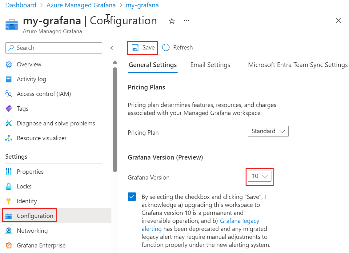 Screenshot of the Azure portal showing Grafana version 10 selected in the dropdown menu, the warning checkbox checked and the Save button highlighted.