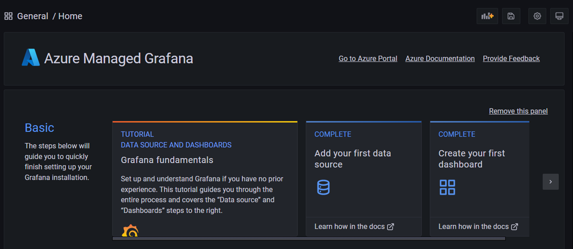 Azure 受控 Grafana 實例的螢幕快照。