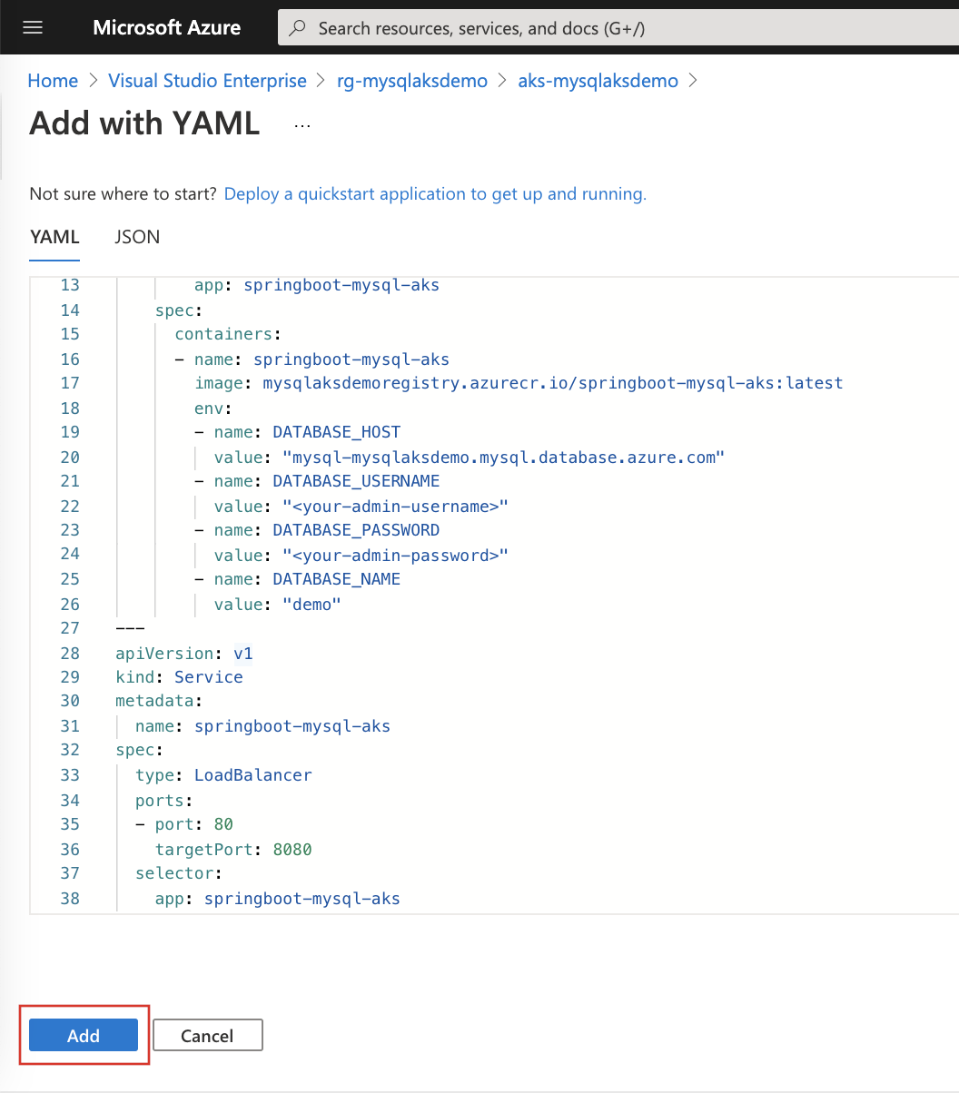 螢幕擷取畫面顯示使用 YAML 編輯器 [新增]。