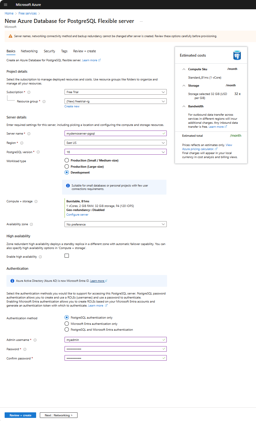 顯示建立 適用於 PostgreSQL 的 Azure 資料庫 彈性伺服器實例之基本設定的螢幕快照。