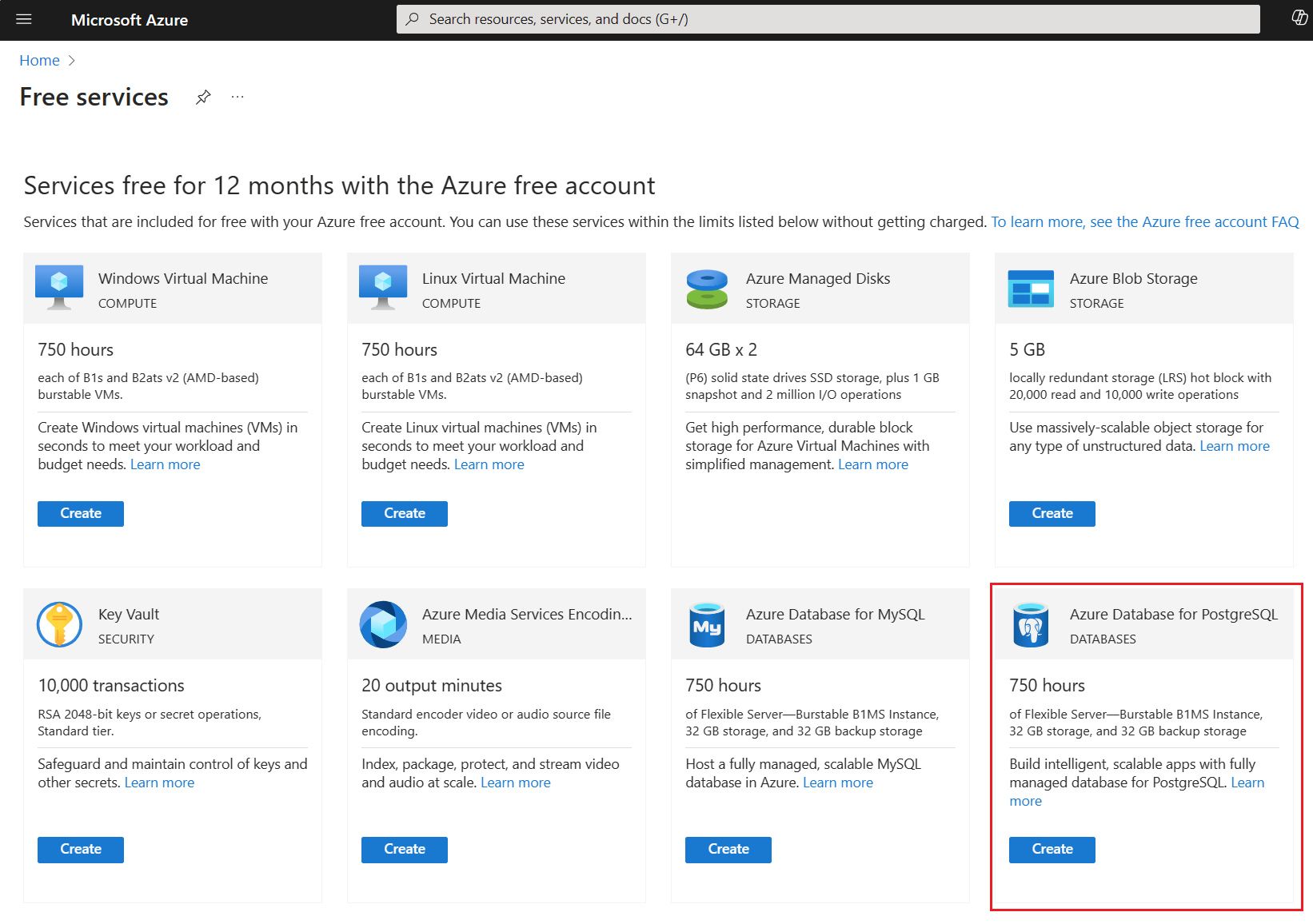 顯示 Azure 入口網站 上所有免費服務列表的螢幕快照，其中醒目提示 PostgreSQL。