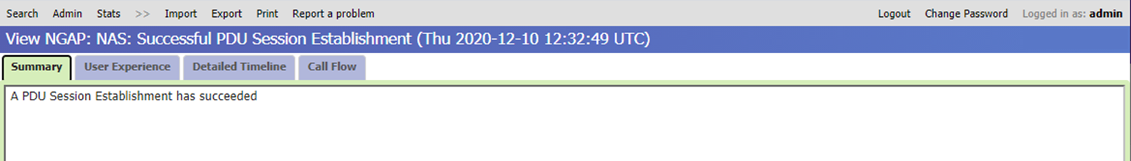 Screenshot of the Summary view of the distributed tracing web G U I, providing detailed information on a Successful P D U Session Establishment record.