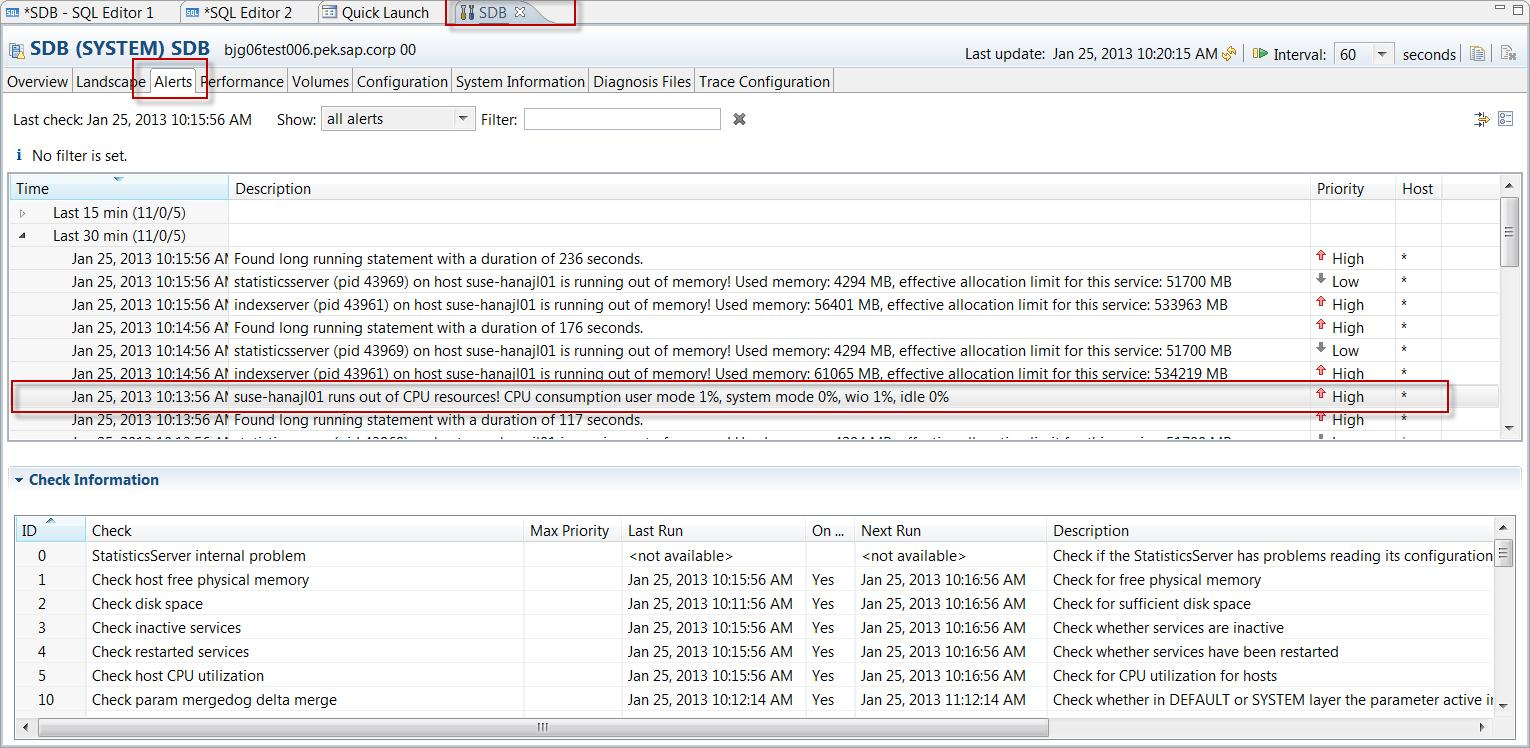 在 SAP HANA Studio 中，移至 [管理主控台：警示：顯示：所有警示]