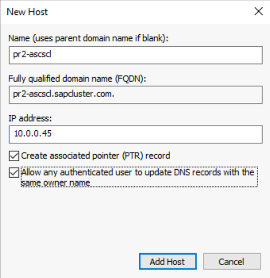 此螢幕擷取畫面顯示定義 SAP ASCS/SCS 叢集虛擬名稱和 IP 位址的 DNS 項目選項。