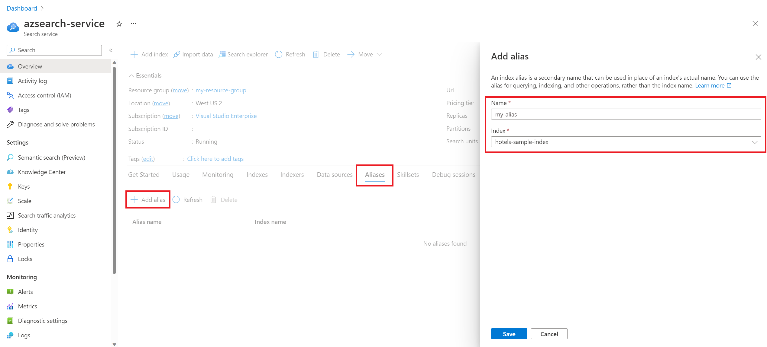 在 Azure 入口網站中建立別名的螢幕擷取畫面。