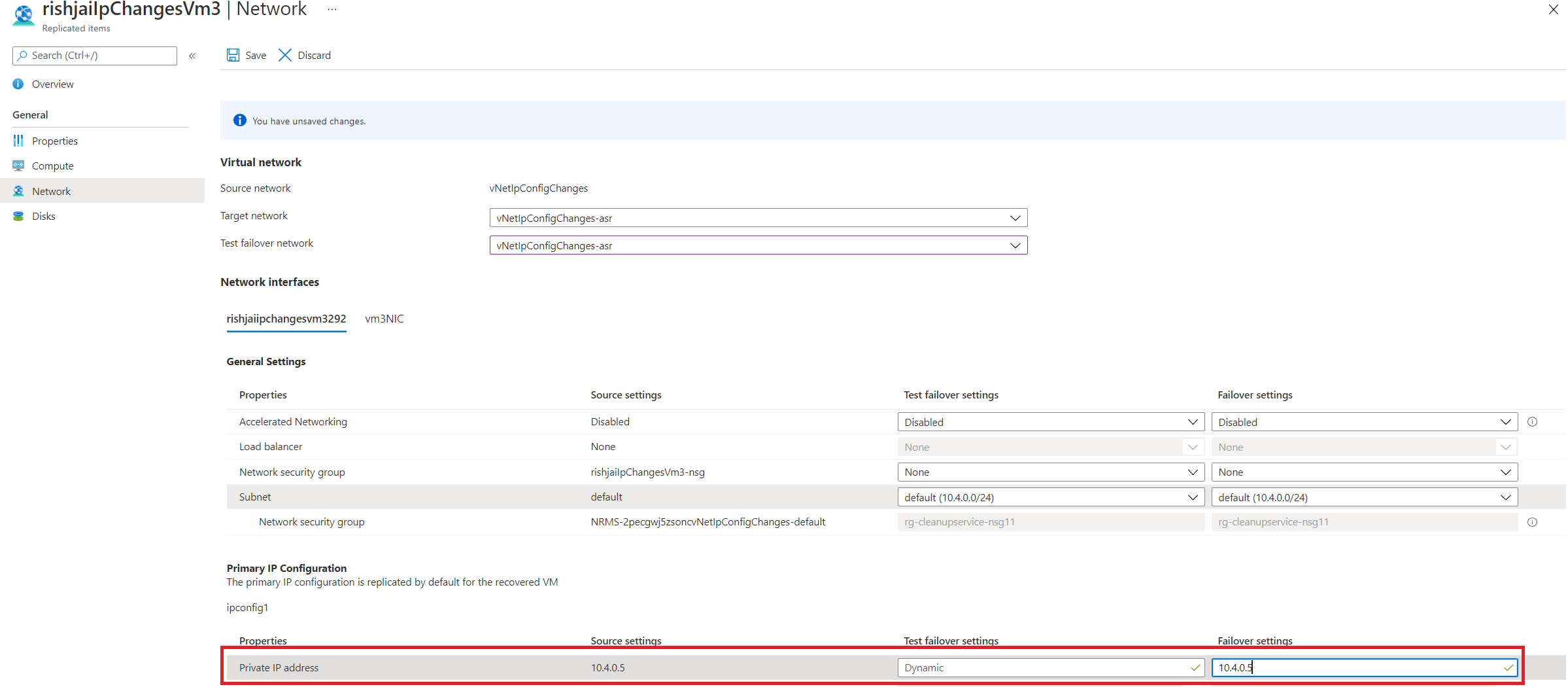 Screenshot that shows how to set the target IP in the Site Recovery Network pane