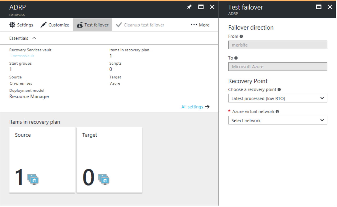 Azure 入口網站中測試容錯移轉頁面的螢幕擷取畫面。