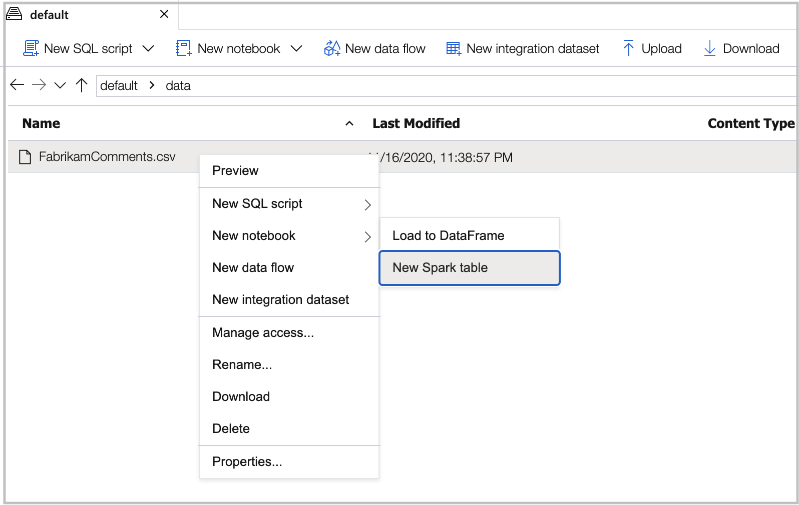 Screenshot that shows selections for creating a Spark table.