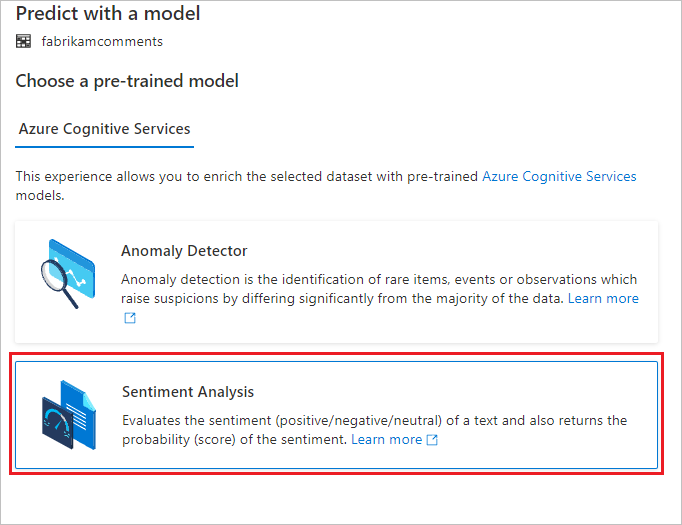 Screenshot that shows selection of a pre-trained sentiment analysis model.