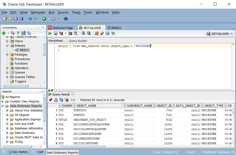 顯示如何在 Oracle SQL 開發人員中查詢預存程式清單的螢幕快照。