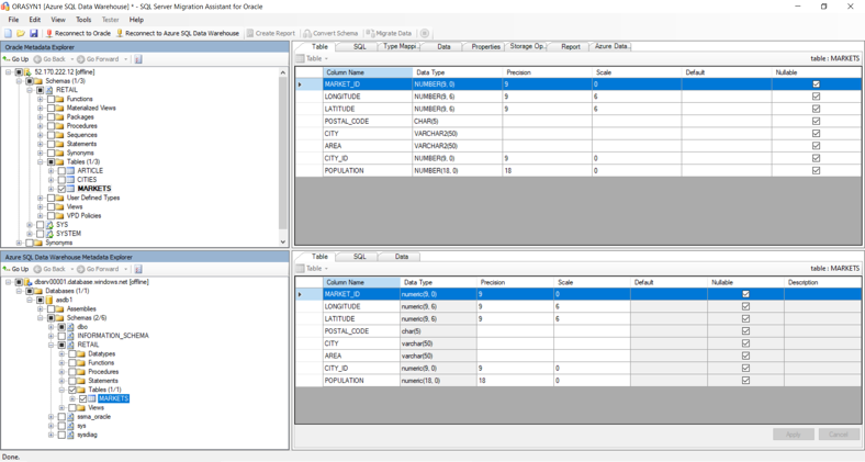 此螢幕快照顯示 Oracle SQL Server 移轉小幫手 如何自動化移轉程式的許多部分。