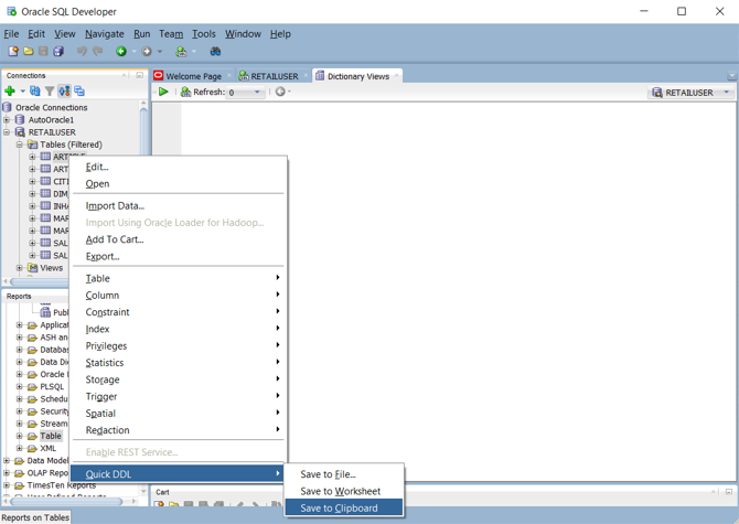 此螢幕快照顯示 Oracle SQL 開發人員所產生的建立數據表語句。