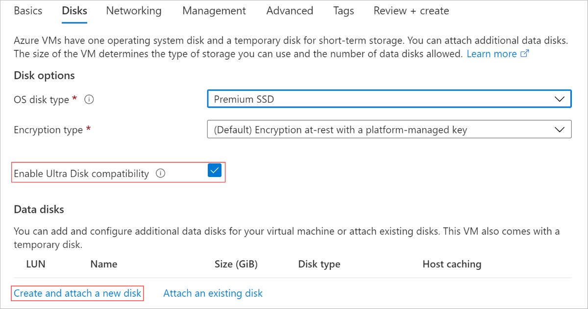 螢幕擷取畫面顯示 VM 建立流程、磁碟刀鋒視窗、Ultra 磁碟相容性已啟用，並建立和附加反白顯示的新磁碟。