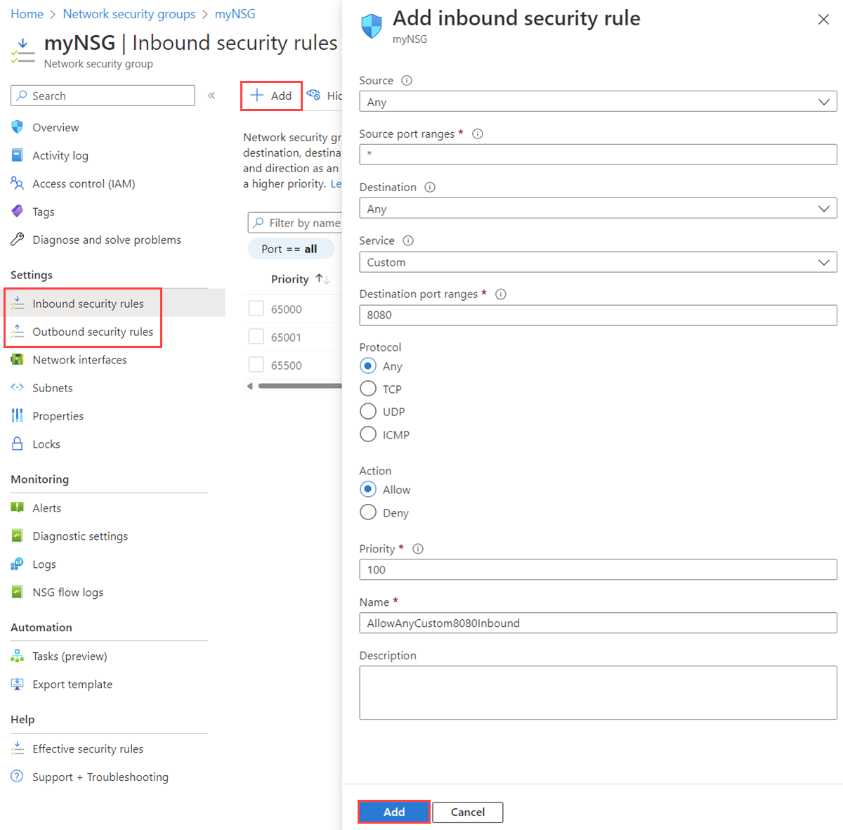 顯示向 Azure 入口網站中的網路安全性群組新增安全性規則的螢幕擷取畫面。