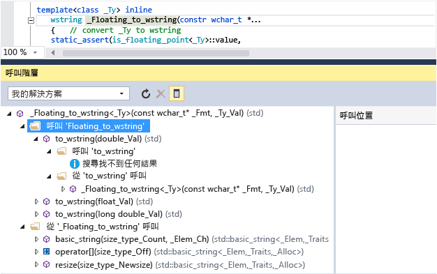 Screenshot of the Call Hierarchy window which shows calls to and from Floating_to_wstring(). For example, to_wstring() calls Floating_to_wstring().