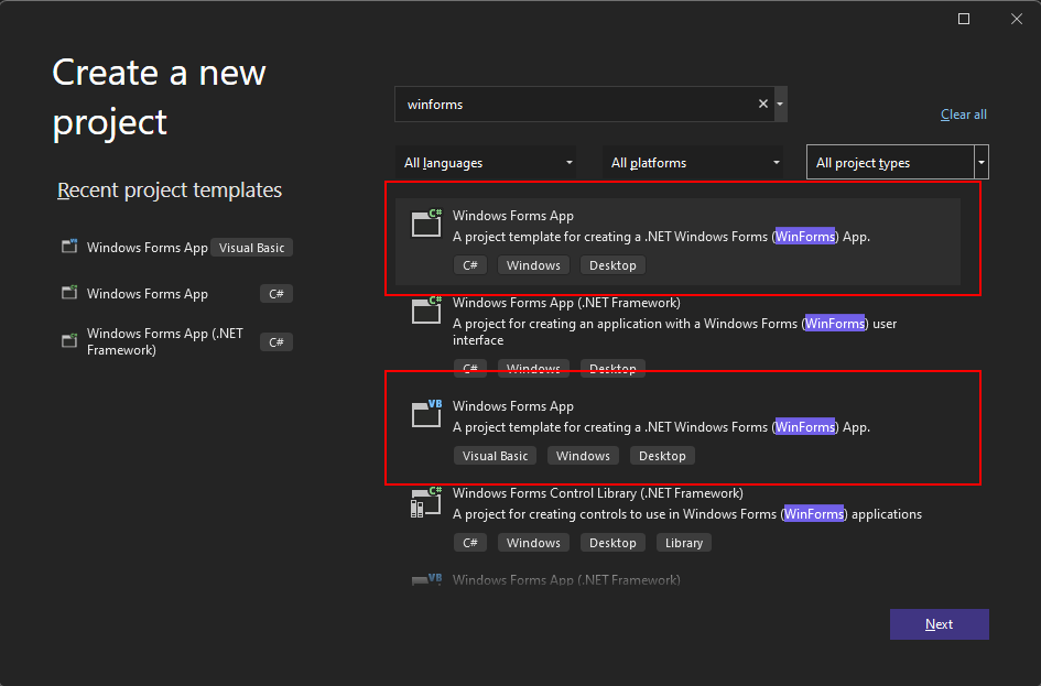 在 Visual Studio 2022 for .NET 中搜尋 Windows Forms 範本。