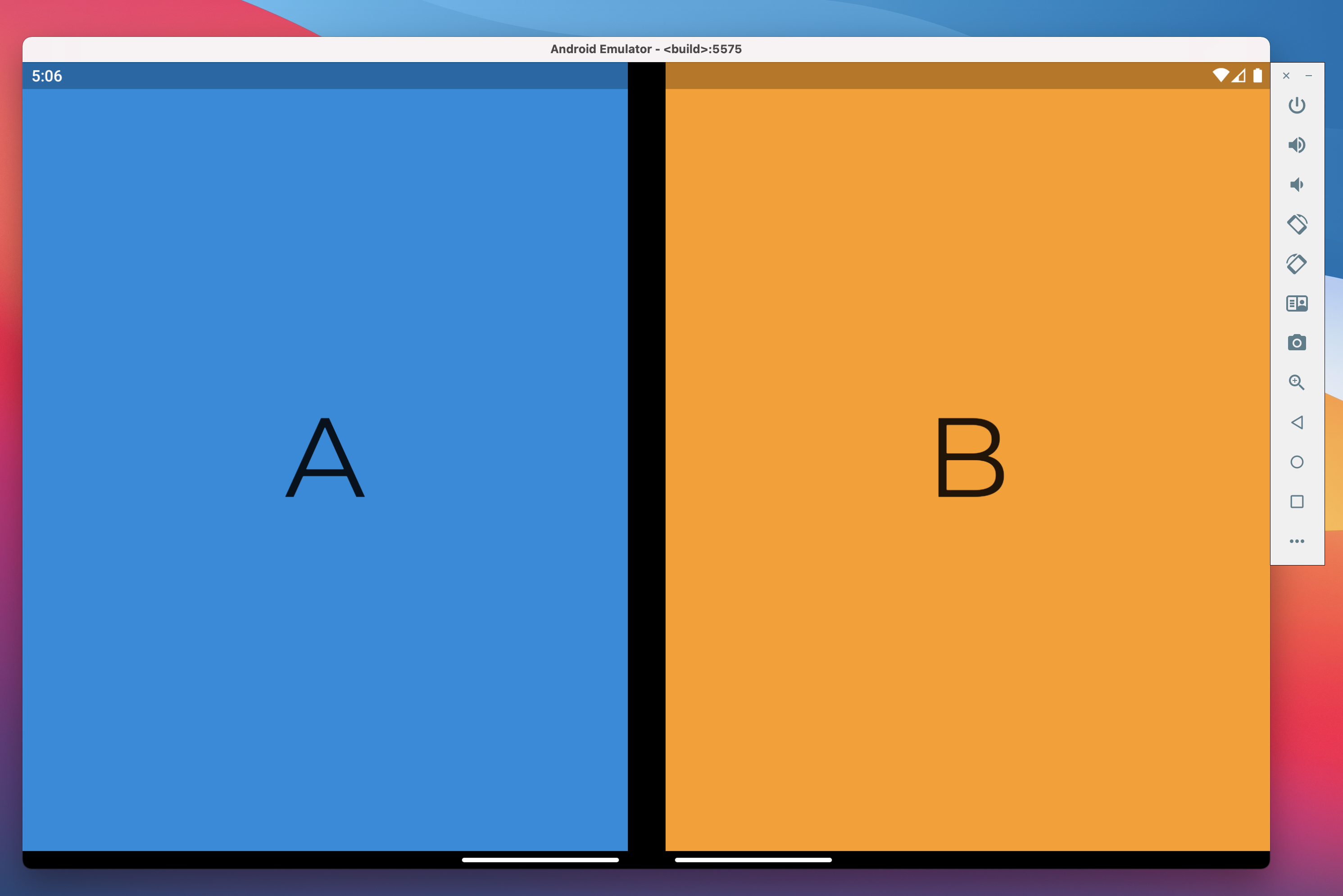 Surface Duo 上的 Flutter TwoPaneView，左畫面顯示藍色小工具，右側畫面顯示橙色小工具