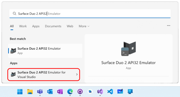 Surface Duo 模擬器的 [開始] 功能表項目目