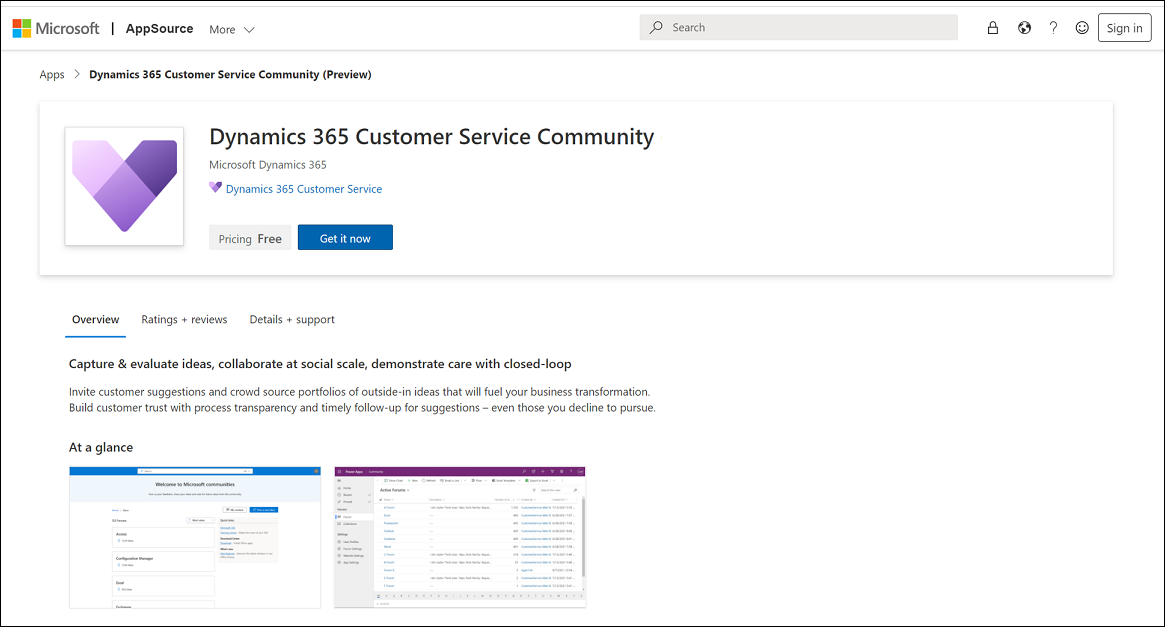 Microsoft AppSource Dynamics 365 Customer Service Community 下載頁面。