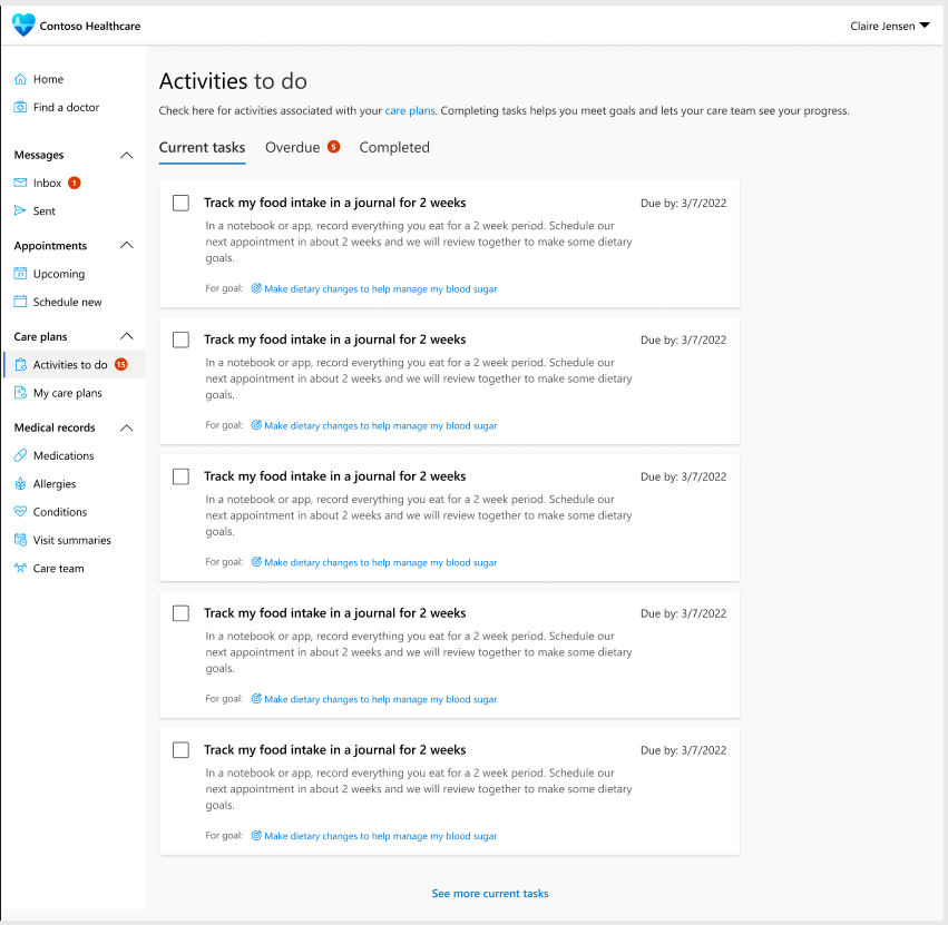 A screenshot showing a view of the current, completed and overdue activities on the Patient access portal.