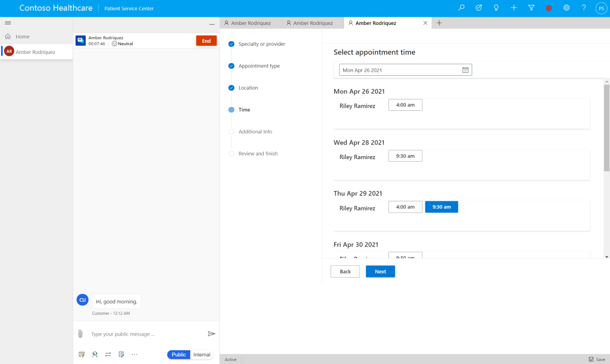 Selecting a time in the scheduling wizard.