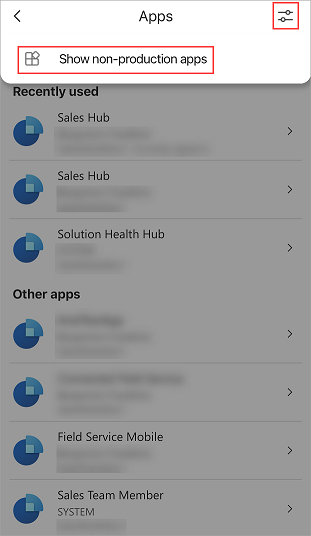 點選顯示非生產應用程式。