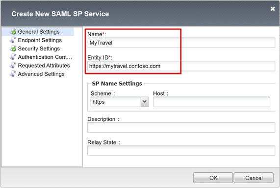 螢幕擷取畫面：[建立新的 SAML SP 服務] 對話方塊上的 [名稱] 和 [實體識別碼] 輸入。