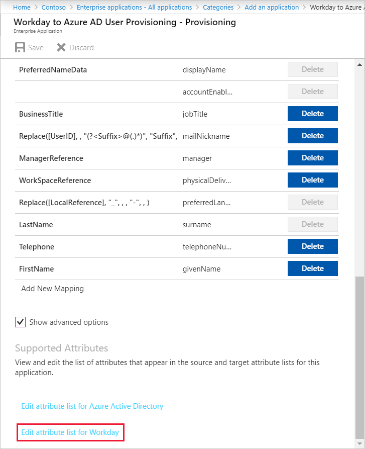 顯示 [Workday 至 Microsoft Entra 使用者布建 - 布建] 頁面的螢幕快照，其中已醒目提示 [Workday 的編輯屬性清單] 動作。