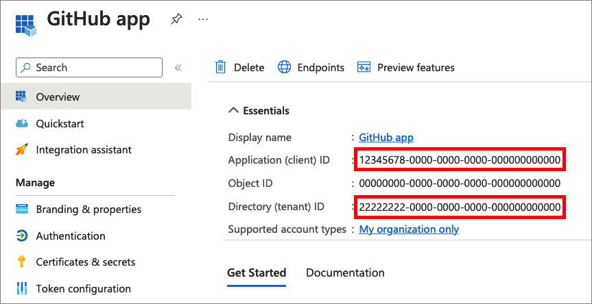 螢幕擷取畫面示範如何從 Microsoft Entra 系統管理中心複製應用程式識別碼和租用戶識別碼。