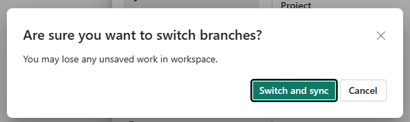 螢幕擷取畫面，其中顯示詢問是否確定要切換分支的工作區設定畫面。