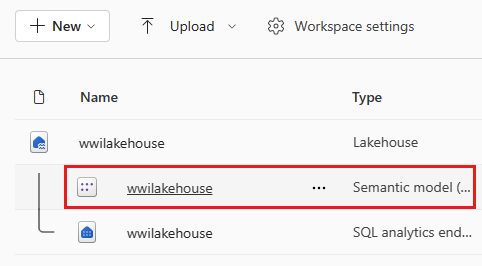 此螢幕快照顯示建立新 Lakehouse 時所建立的預設語意模型。