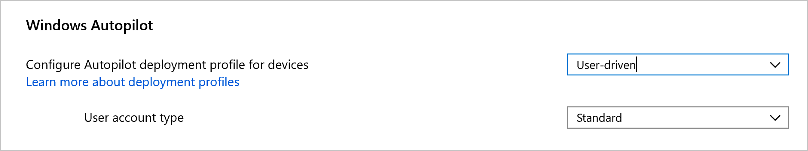 [所有裝置] 群組、Windows Autopilot 設定的螢幕快照，其中已選取用戶驅動模式和標準使用者帳戶。