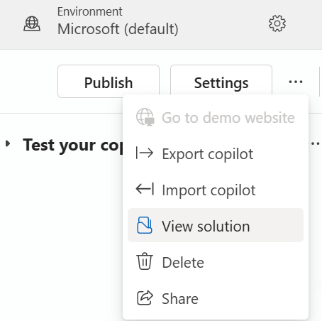 Screenshot of the solutions button in the settings menu on the copilot's overview page.