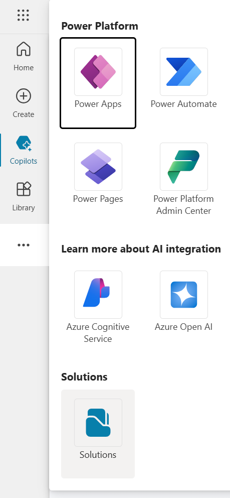 Screenshot of the Solutions icon in the Copilot Studio side navigation pane menu.