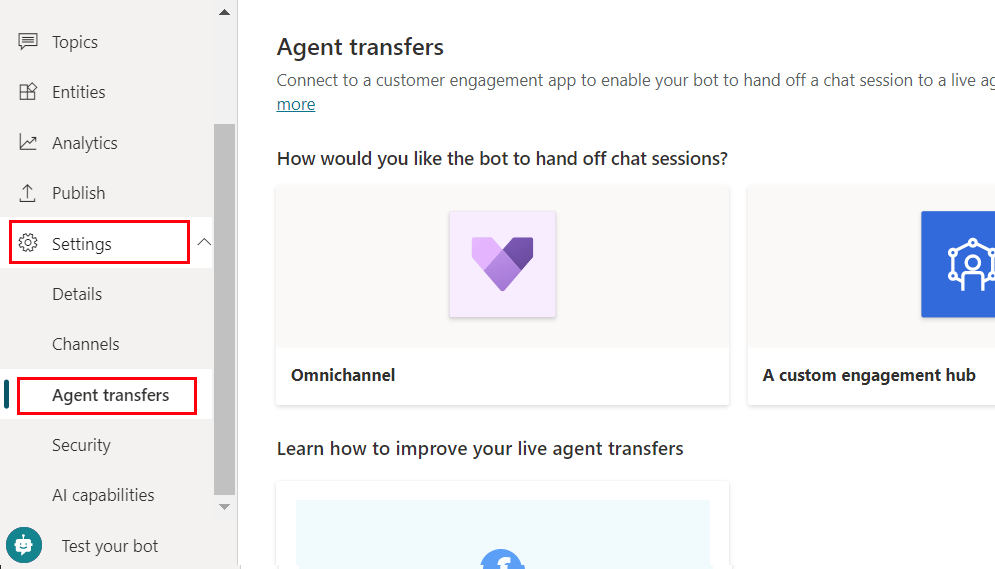 Copilot 管理 Agent transfers 頁面。