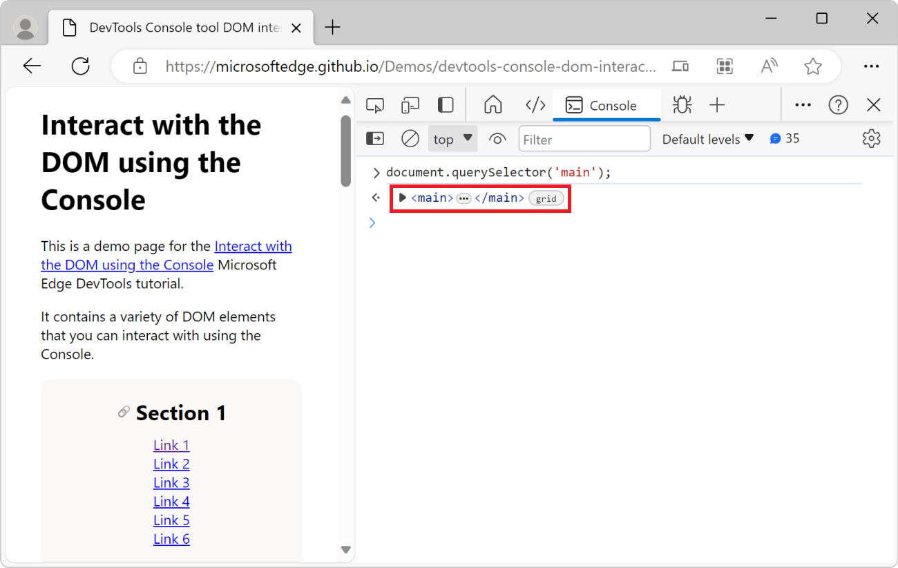 DevTools 的主控台工具，其中顯示 document.querySelector 運算式，以及產生的 main 元素