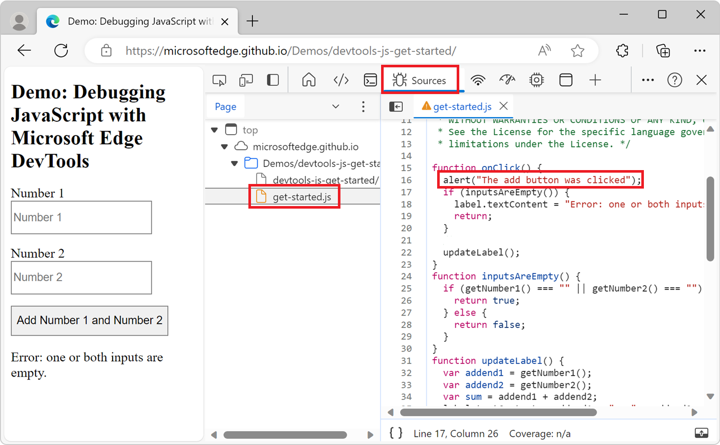 來源工具，顯示 get-started.js 檔案中的程式代碼變更