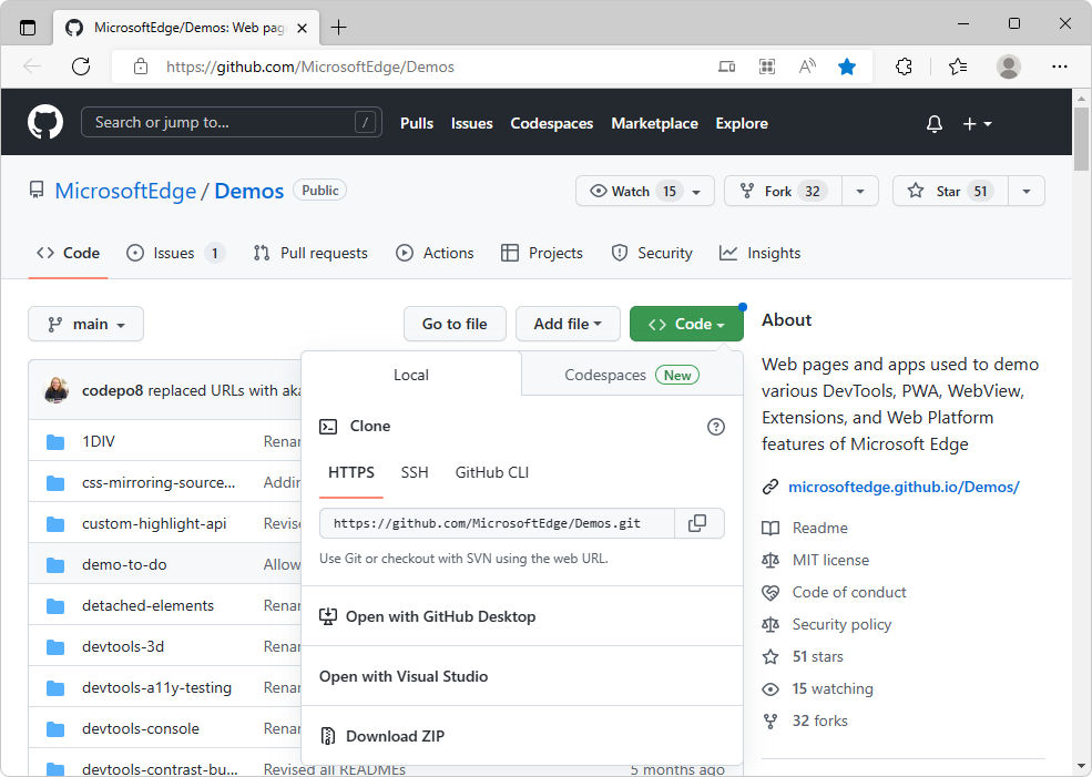 複製 MicrosoftEdge/Demos 存放庫