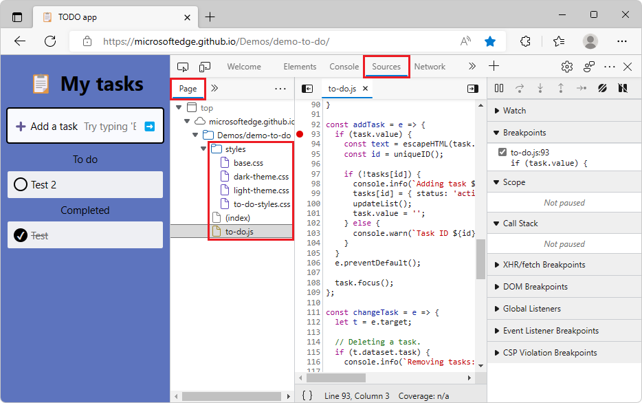 選取 [來源] 工具的 [執行示範] 和 [DevTools]