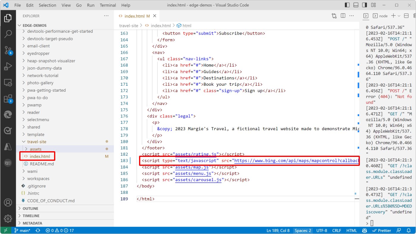 Visual Studio Code，顯示 index.html 程式代碼和 Bing 地圖腳本標籤