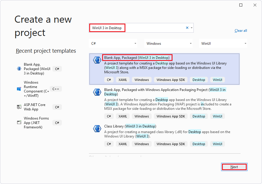 搜尋 「WinUI 3 in Desktop」 以建立新專案