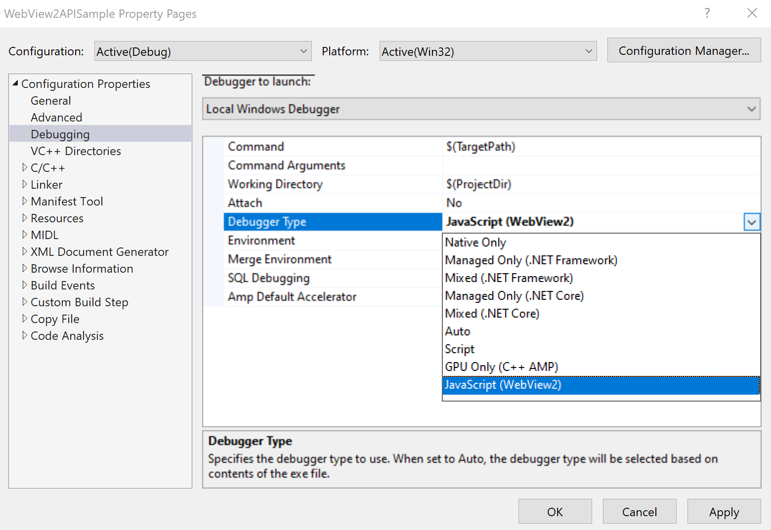 Visual Studio 中的 “Debugging” > “Local Windows 調試程式” > “調試程序類型” 屬性