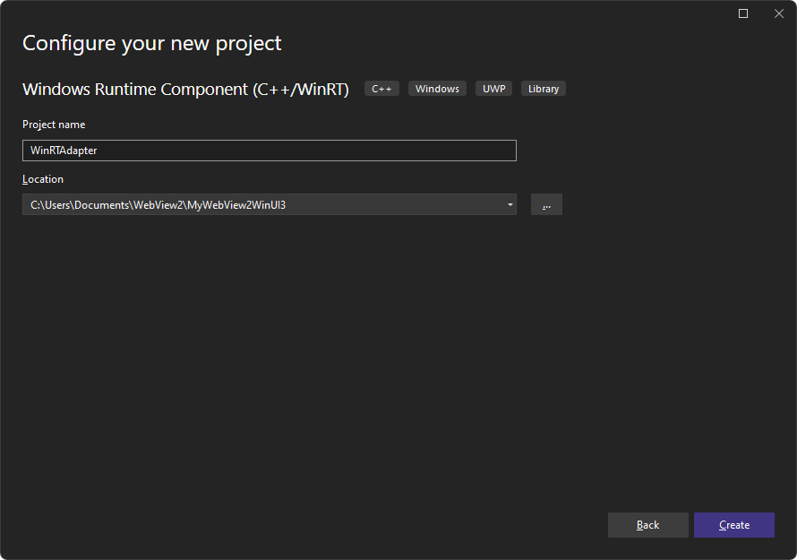在 [設定新專案] 視窗中，將專案命名為 'WinRTAdapter' (WinUI 3 解決方案) 