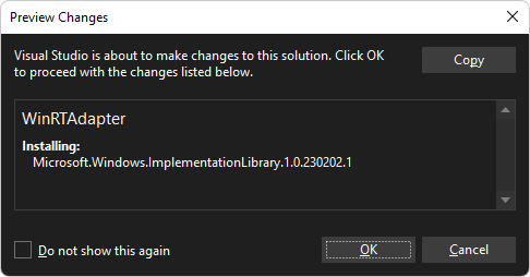 WinRTAdapter 專案的 [預覽變更] 對話方塊