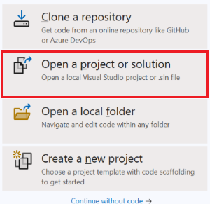 Screenshot shows the selection to open a new project or solution.