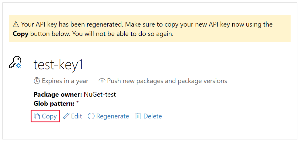 顯示具有 [複製] 連結之新 API 金鑰的螢幕快照。